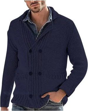 Men's Sweater Cardigan Fashion Chunky Knit Double Breasted Coat Long Sleeves Lapel Knitwear Sweater Jacket Tops