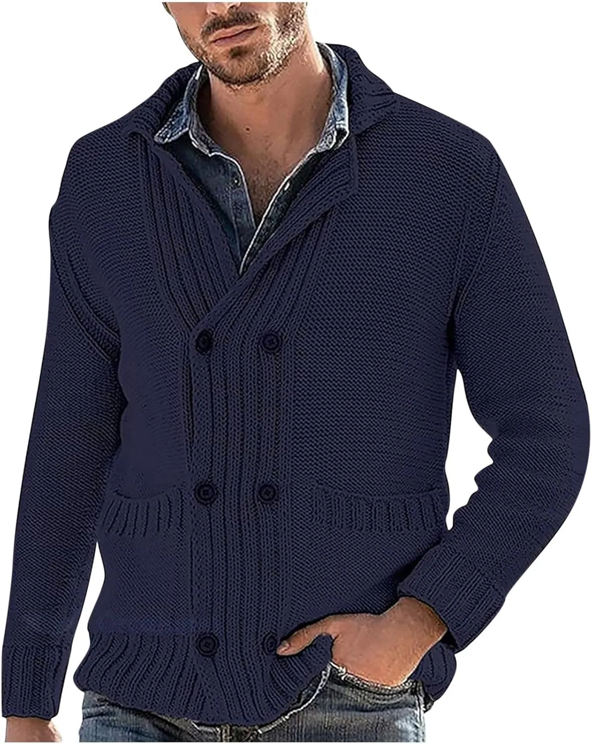 Men's Sweater Cardigan Fashion Chunky Knit Double Breasted Coat Long Sleeves Lapel Knitwear Sweater Jacket Tops