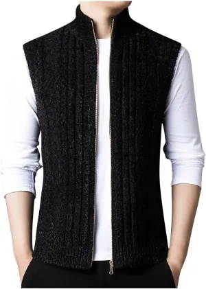 Mens Sweater Vest Chunky Knit Sleeveless Cardigan Sweaters Fashion Full Zipper Sports Vests Stand Collar Waistcoat