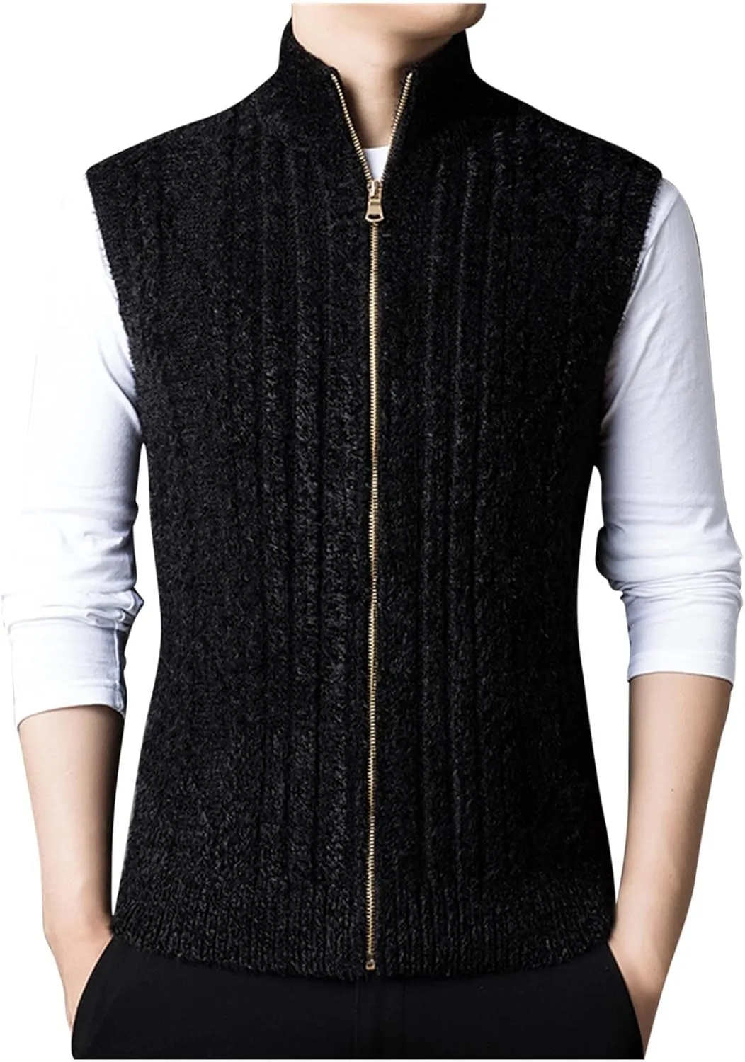 Mens Sweater Vest Chunky Knit Sleeveless Cardigan Sweaters Fashion Full Zipper Sports Vests Stand Collar Waistcoat