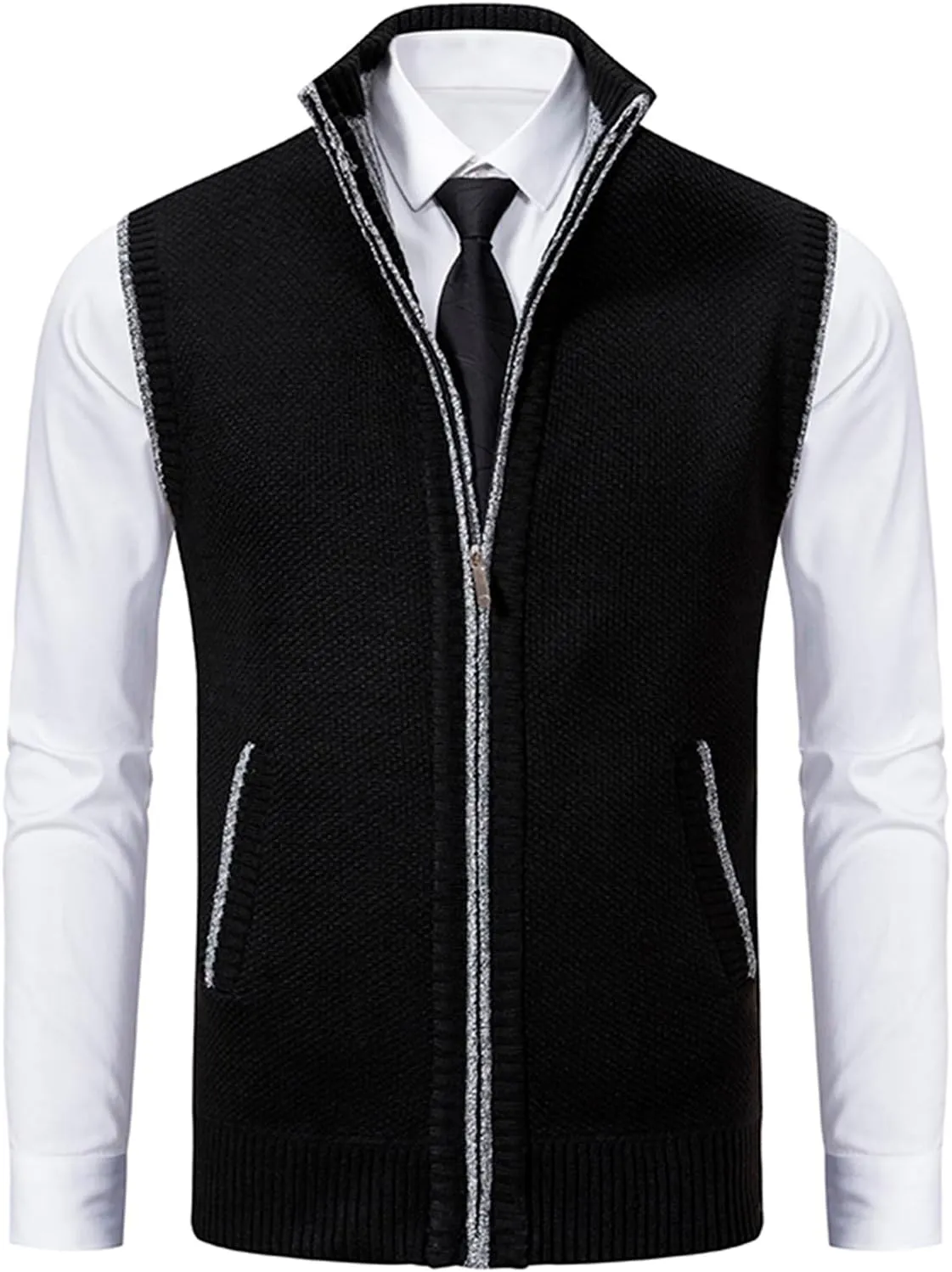 Mens Sweater Vest Full-Up Knitted Vests Casual Stand Collar Vests Sweater Padded Warm Jumper Tops with Pocket