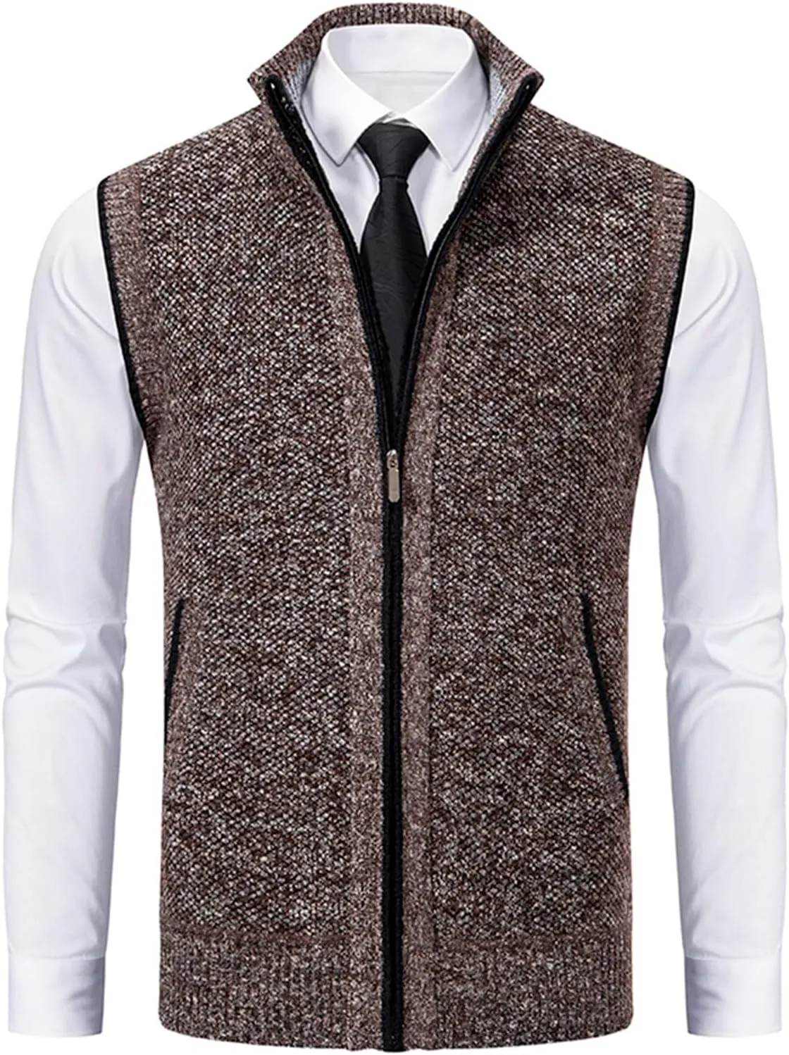 Mens Sweater Vest Full-Up Knitted Vests Casual Stand Collar Vests Sweater Padded Warm Jumper Tops with Pocket