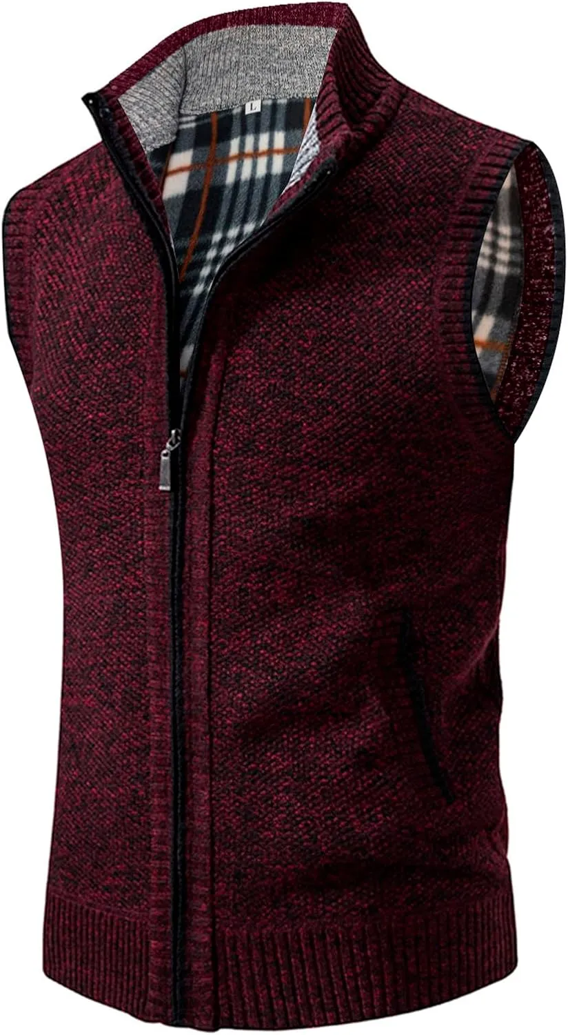 Mens Sweater Vest Full-Up Knitted Vests Casual Stand Collar Vests Sweater Padded Warm Jumper Tops with Pocket