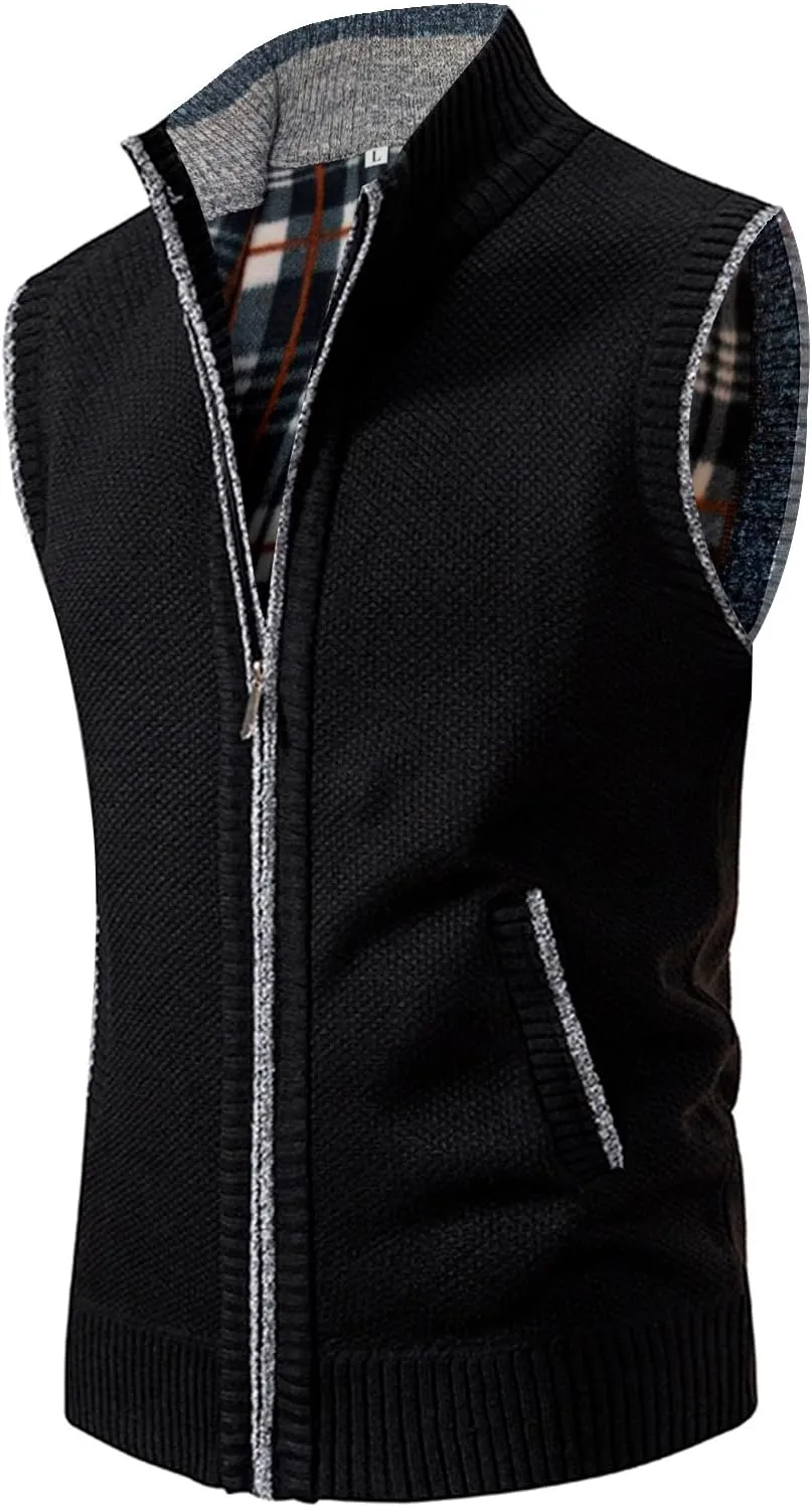 Mens Sweater Vest Full-Up Knitted Vests Casual Stand Collar Vests Sweater Padded Warm Jumper Tops with Pocket