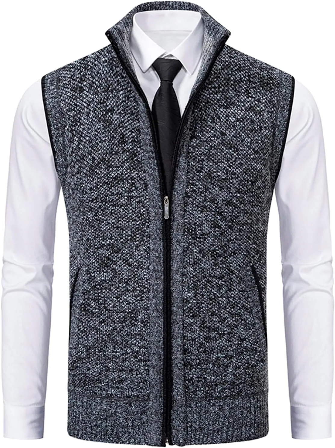 Mens Sweater Vest Full-Up Knitted Vests Casual Stand Collar Vests Sweater Padded Warm Jumper Tops with Pocket