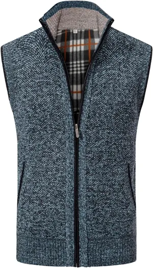 Mens Sweater Vest Full-Up Knitted Vests Casual Stand Collar Vests Sweater Padded Warm Jumper Tops with Pocket