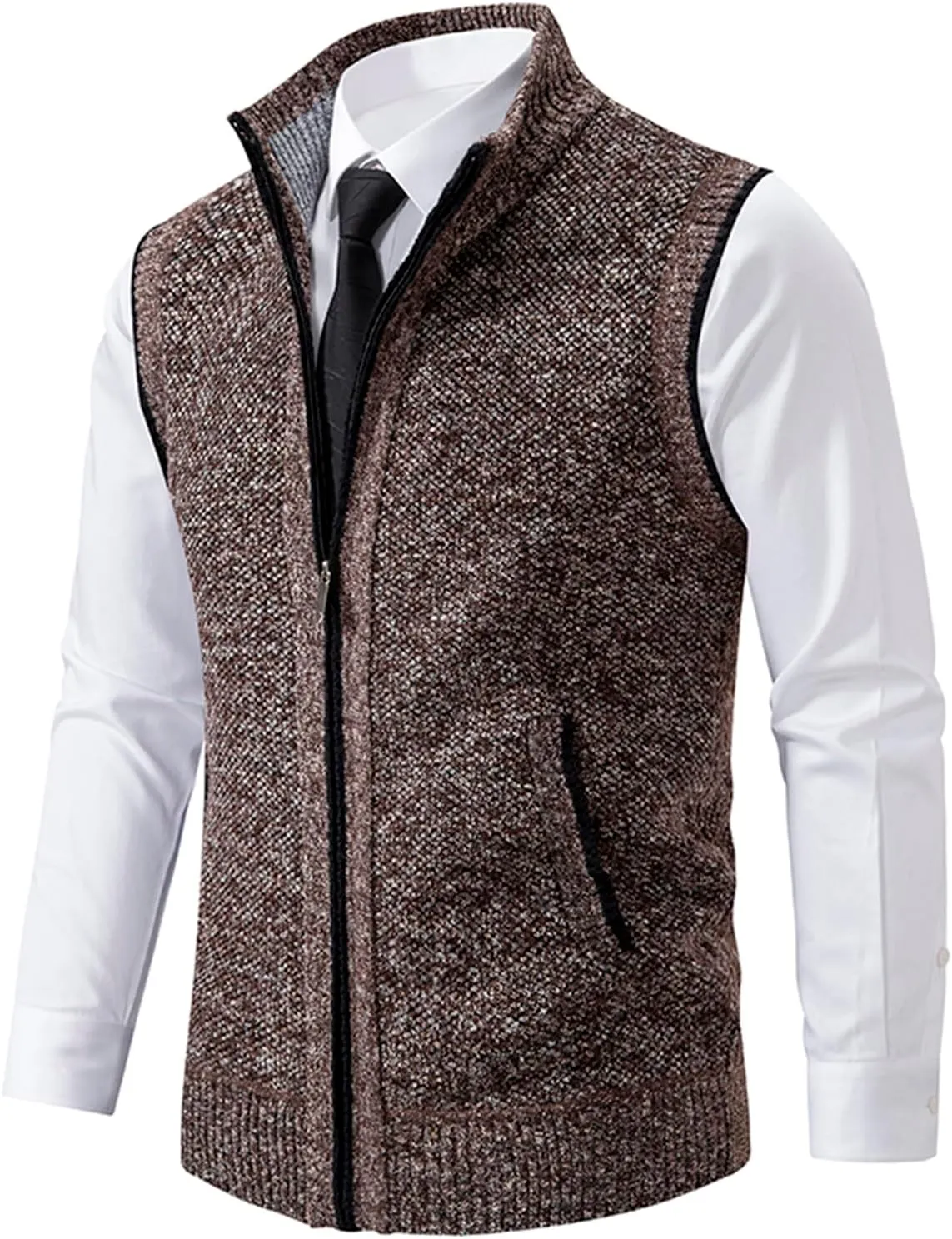 Mens Sweater Vest Full-Up Knitted Vests Casual Stand Collar Vests Sweater Padded Warm Jumper Tops with Pocket