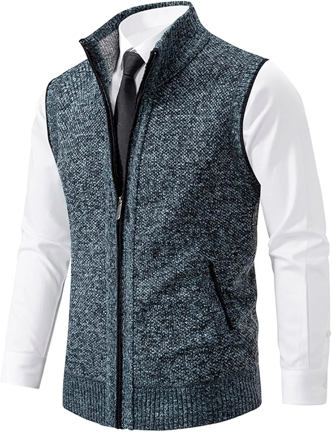 Mens Sweater Vest Full-Up Knitted Vests Casual Stand Collar Vests Sweater Padded Warm Jumper Tops with Pocket