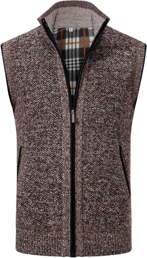 Mens Sweater Vest Full-Up Knitted Vests Casual Stand Collar Vests Sweater Padded Warm Jumper Tops with Pocket