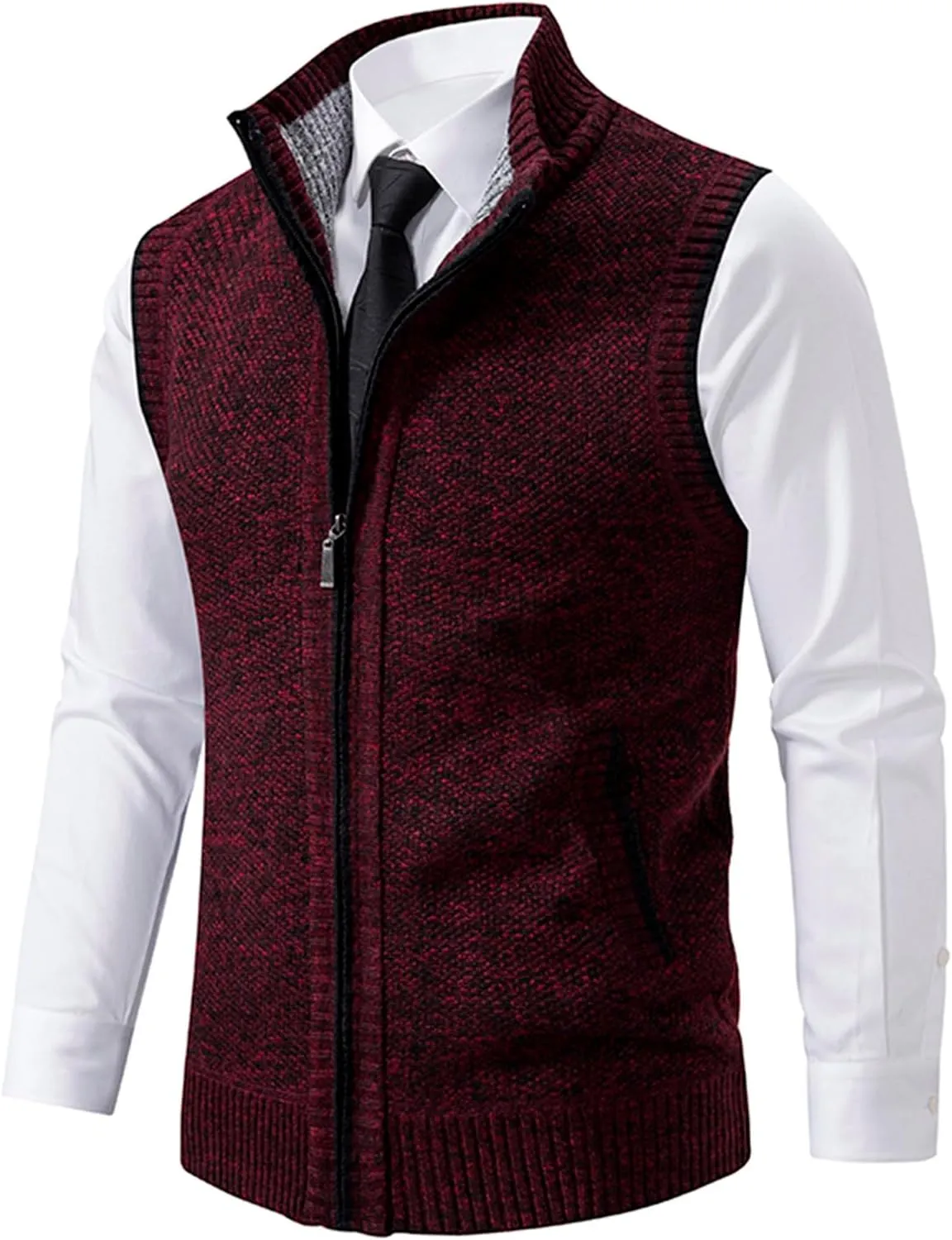 Mens Sweater Vest Full-Up Knitted Vests Casual Stand Collar Vests Sweater Padded Warm Jumper Tops with Pocket