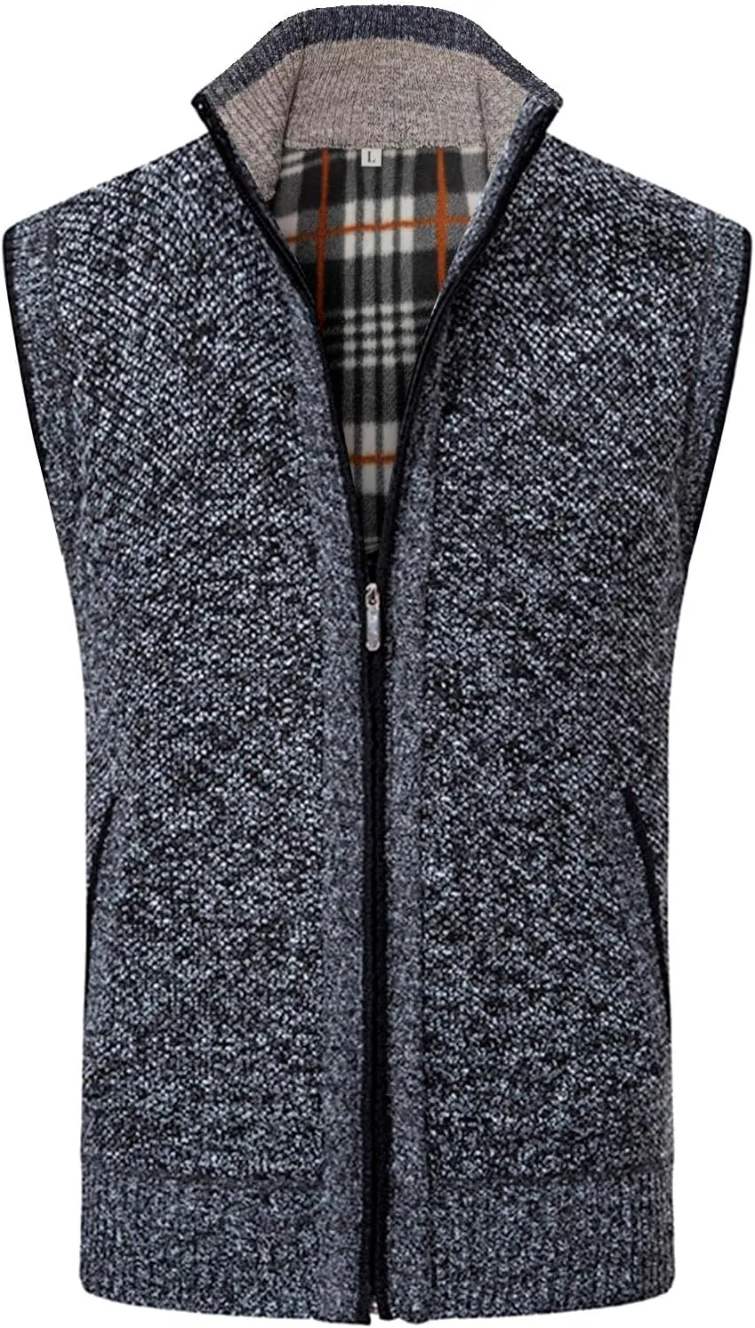Mens Sweater Vest Full-Up Knitted Vests Casual Stand Collar Vests Sweater Padded Warm Jumper Tops with Pocket