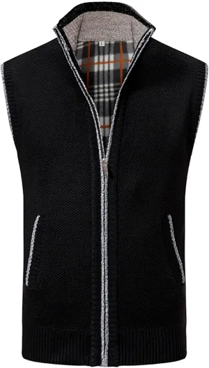 Mens Sweater Vest Full-Up Knitted Vests Casual Stand Collar Vests Sweater Padded Warm Jumper Tops with Pocket
