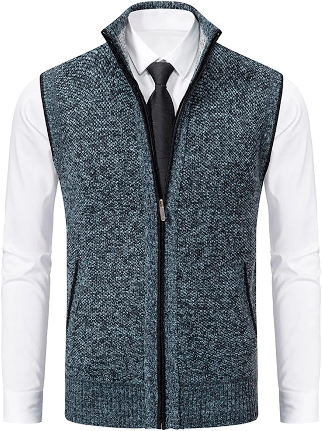 Mens Sweater Vest Full-Up Knitted Vests Casual Stand Collar Vests Sweater Padded Warm Jumper Tops with Pocket