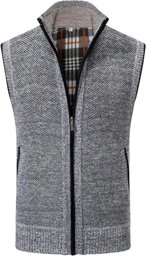 Mens Sweater Vest Full-Up Knitted Vests Casual Stand Collar Vests Sweater Padded Warm Jumper Tops with Pocket