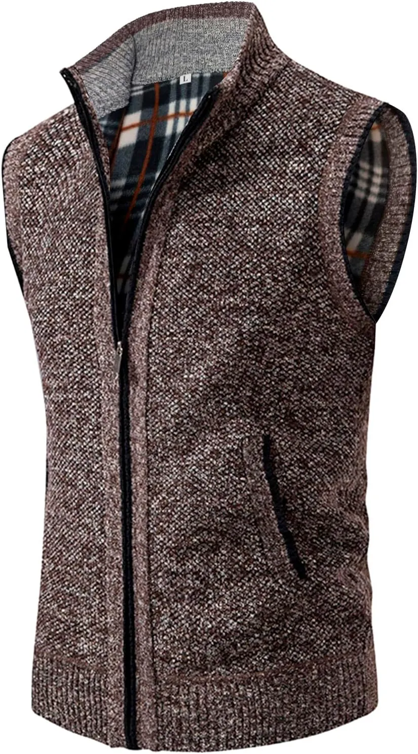 Mens Sweater Vest Full-Up Knitted Vests Casual Stand Collar Vests Sweater Padded Warm Jumper Tops with Pocket