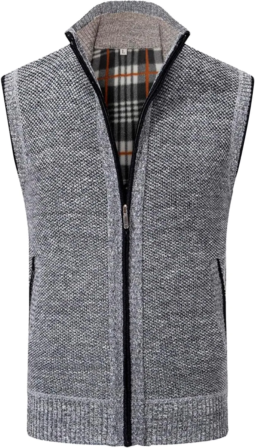 Mens Sweater Vest Full-Up Knitted Vests Casual Stand Collar Vests Sweater Padded Warm Jumper Tops with Pocket