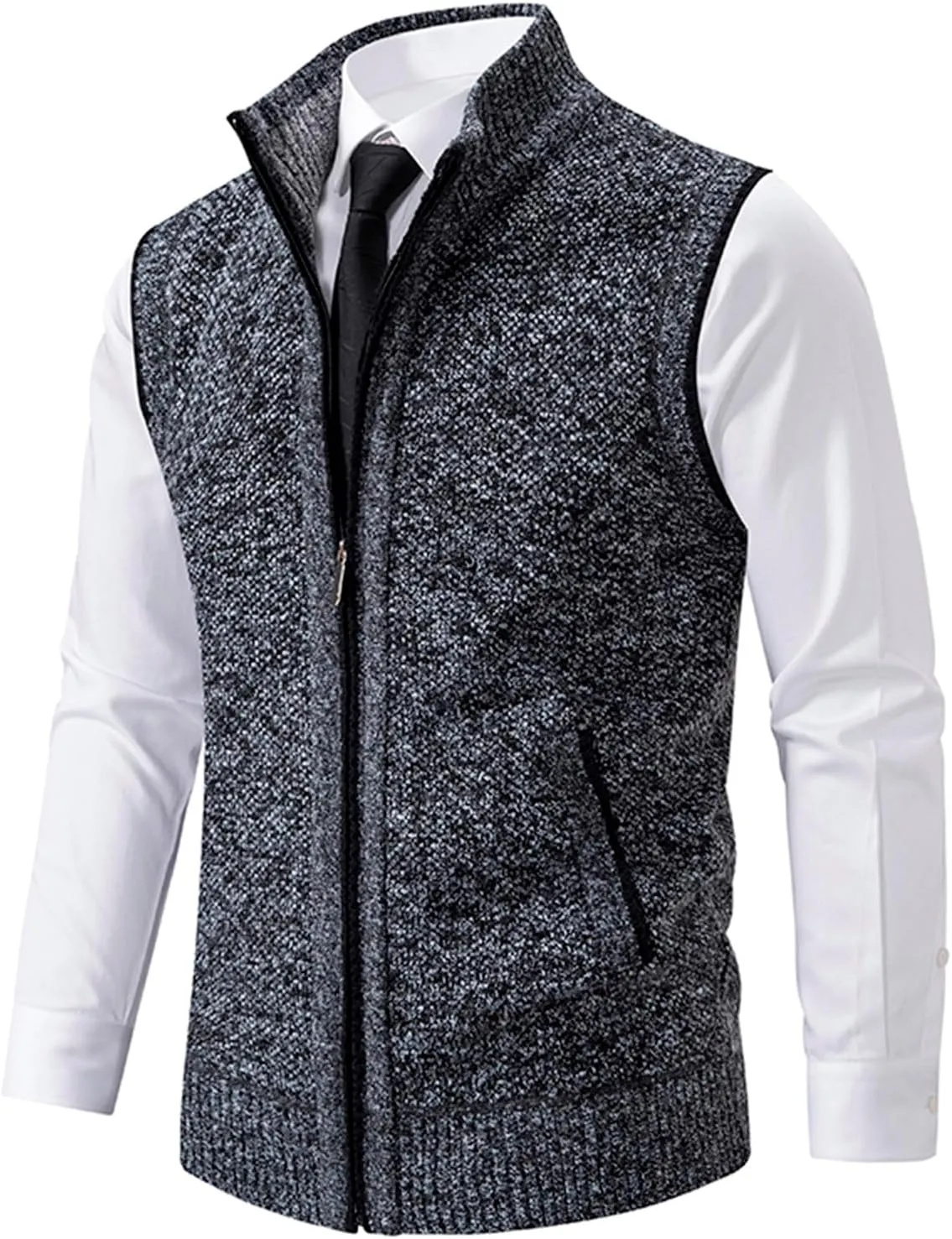 Mens Sweater Vest Full-Up Knitted Vests Casual Stand Collar Vests Sweater Padded Warm Jumper Tops with Pocket