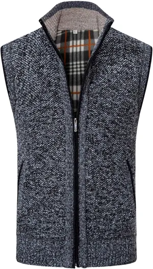 Mens Sweater Vest Full-Up Knitted Vests Casual Stand Collar Vests Sweater Padded Warm Jumper Tops with Pocket
