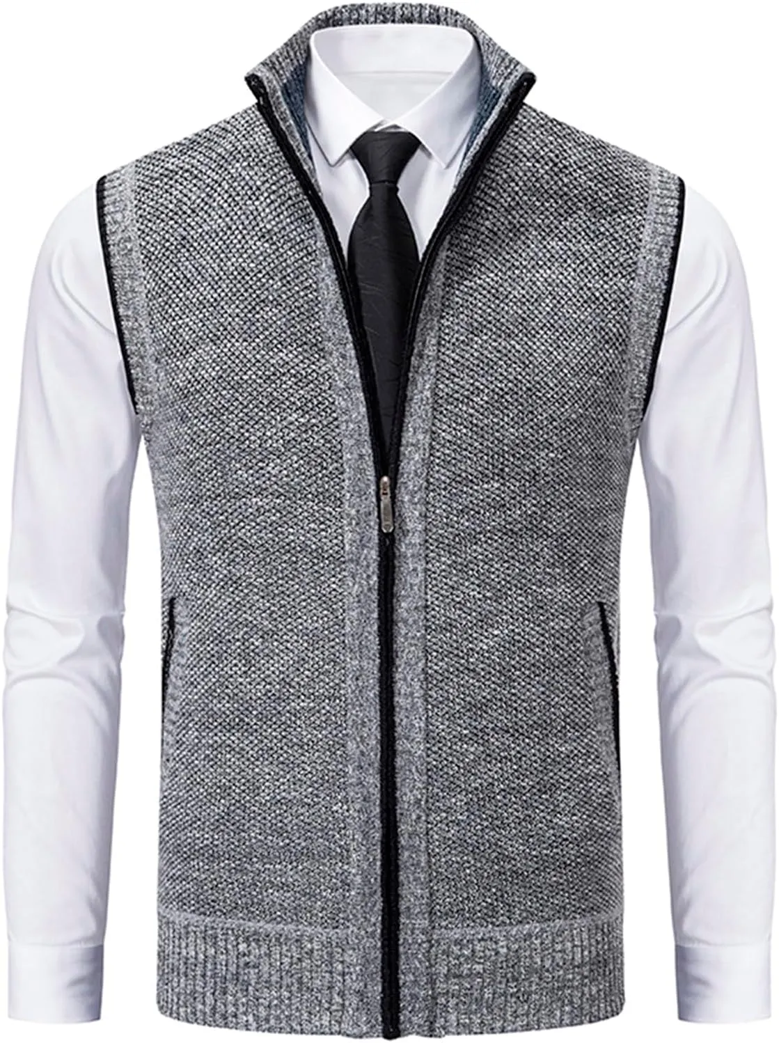 Mens Sweater Vest Full-Up Knitted Vests Casual Stand Collar Vests Sweater Padded Warm Jumper Tops with Pocket