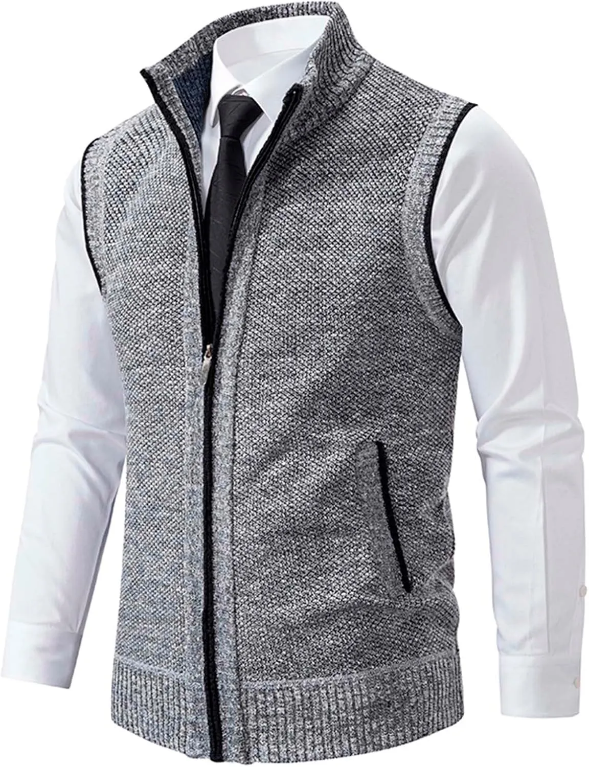 Mens Sweater Vest Full-Up Knitted Vests Casual Stand Collar Vests Sweater Padded Warm Jumper Tops with Pocket