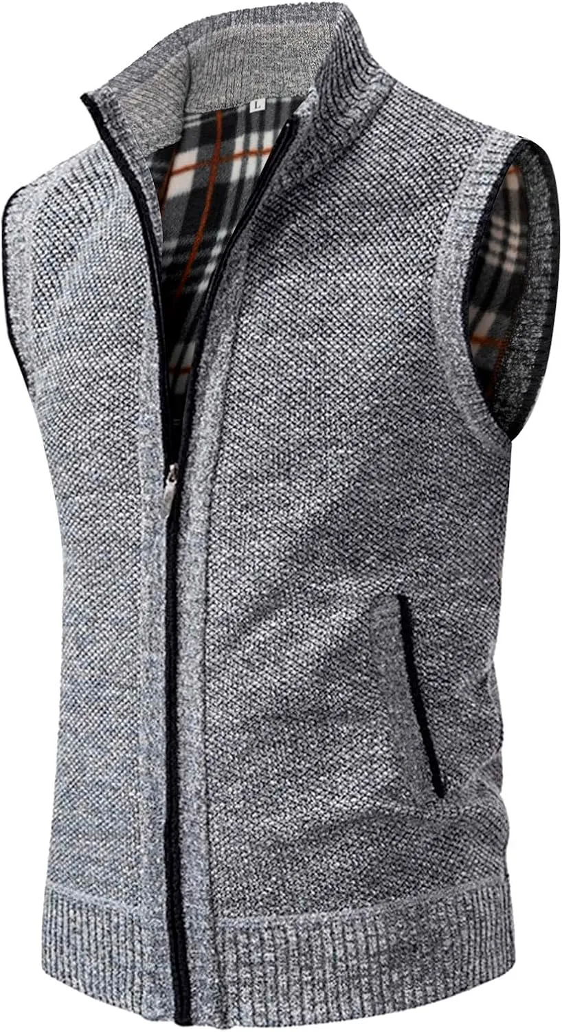 Mens Sweater Vest Full-Up Knitted Vests Casual Stand Collar Vests Sweater Padded Warm Jumper Tops with Pocket