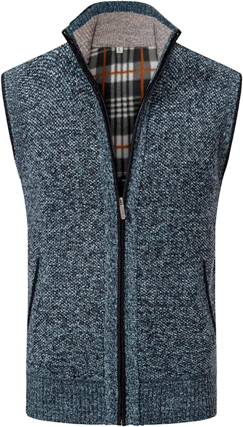 Mens Sweater Vest Full-Up Knitted Vests Casual Stand Collar Vests Sweater Padded Warm Jumper Tops with Pocket