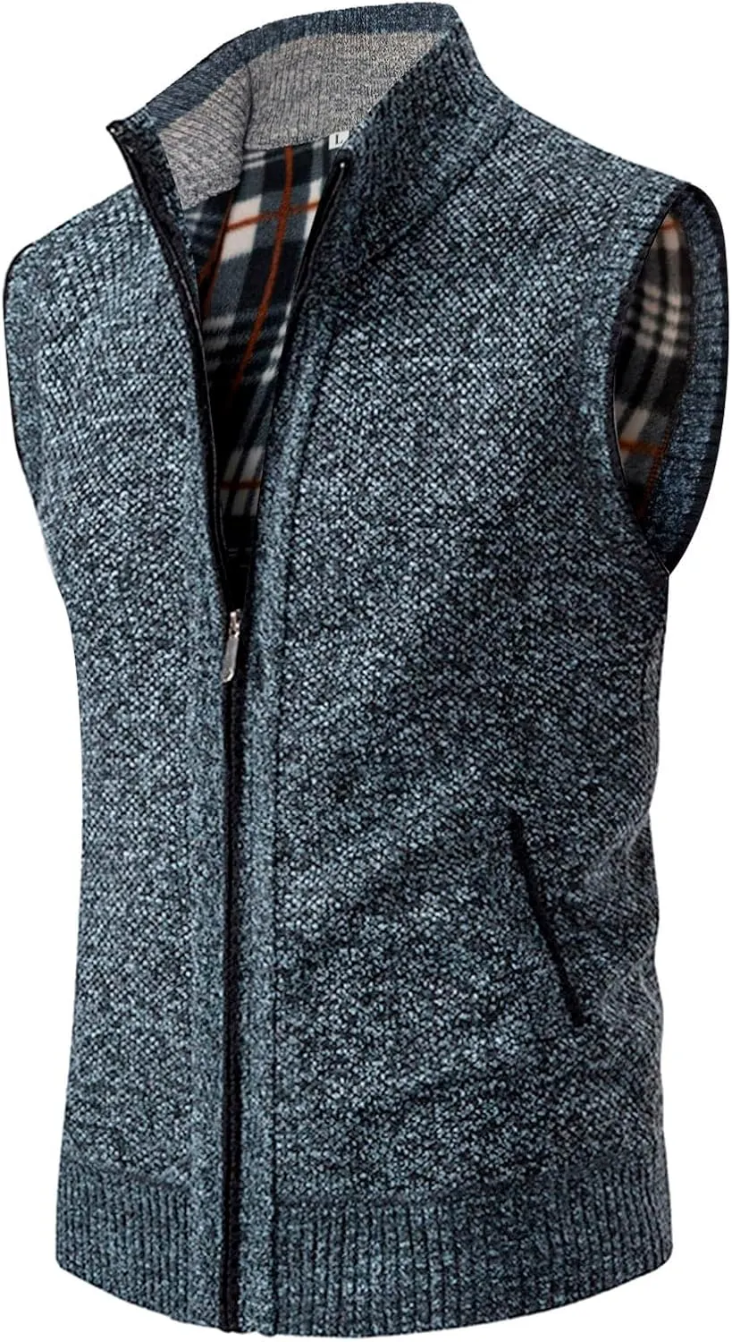Mens Sweater Vest Full-Up Knitted Vests Casual Stand Collar Vests Sweater Padded Warm Jumper Tops with Pocket