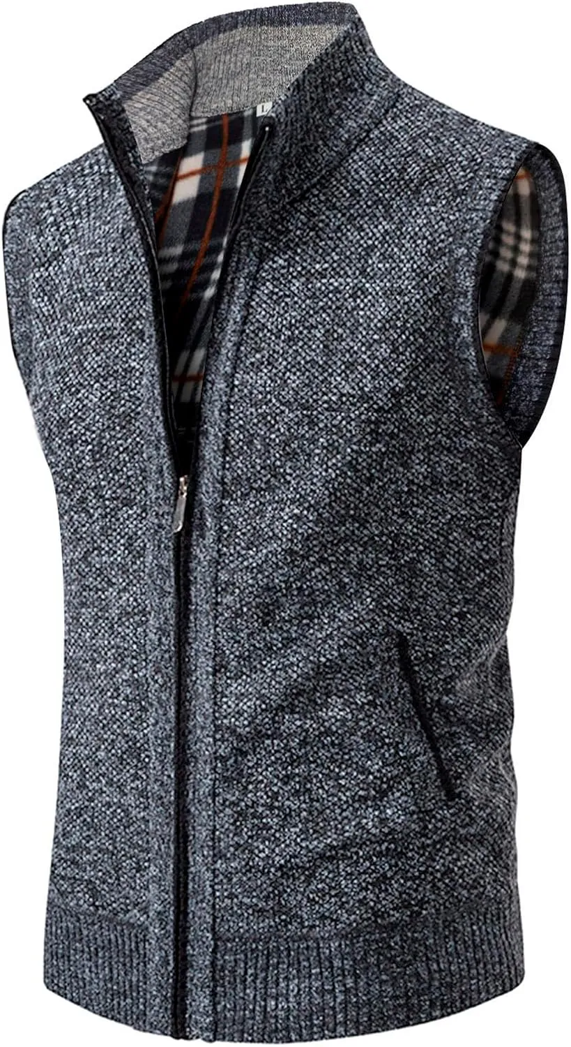 Mens Sweater Vest Full-Up Knitted Vests Casual Stand Collar Vests Sweater Padded Warm Jumper Tops with Pocket