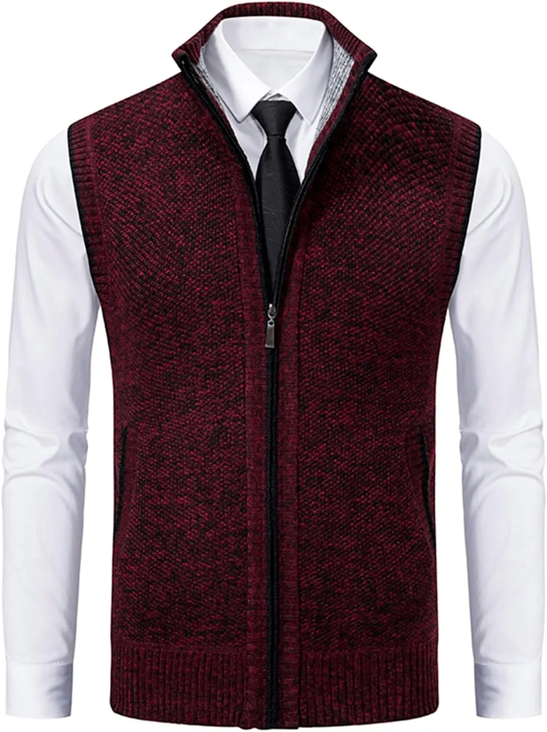 Mens Sweater Vest Full-Up Knitted Vests Casual Stand Collar Vests Sweater Padded Warm Jumper Tops with Pocket