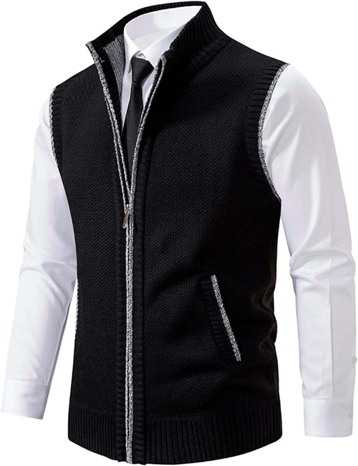 Mens Sweater Vest Full-Up Knitted Vests Casual Stand Collar Vests Sweater Padded Warm Jumper Tops with Pocket