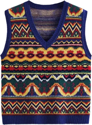 Men's Tribal Print Sweater Vests V Neck Sleeveless Knitted Tank Tops Streetwear