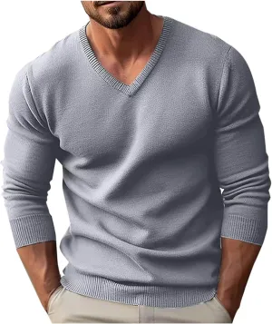 Men's V Neck Sweater Casual Solid Knitted Long Sleeved Pullover Tops Lightweight Slim Fit Classic Dressy Sweater