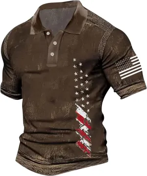 Men's Vintage USA Flag Polo Shirt Short Sleeve Quick Dry American Flag Printed Graphic Split Color Patriotic Shirts