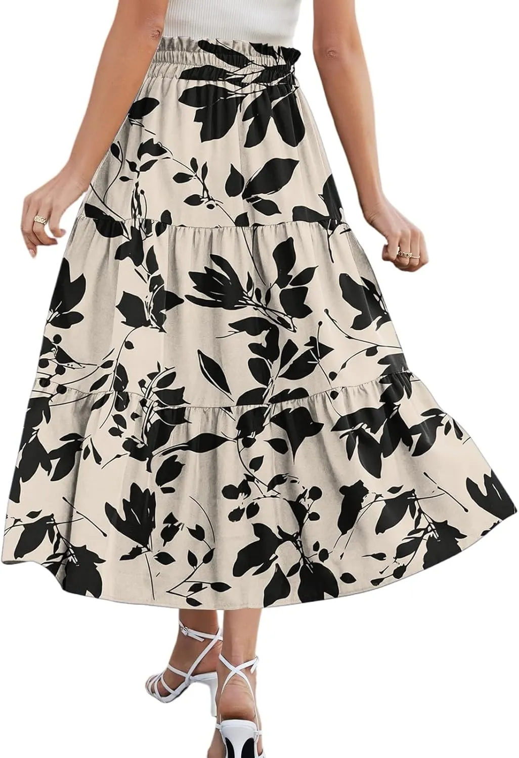 Midi Boho Floral Skirts for Women Trendy Tiered A Line Skirt Comfy Flowy Drawstring High Elastic Waist Skorts with Pockets