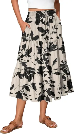 Midi Boho Floral Skirts for Women Trendy Tiered A Line Skirt Comfy Flowy Drawstring High Elastic Waist Skorts with Pockets