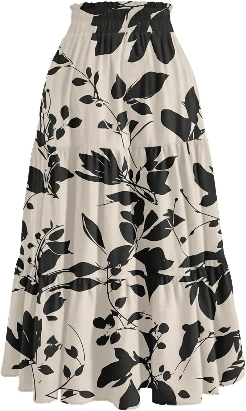 Midi Boho Floral Skirts for Women Trendy Tiered A Line Skirt Comfy Flowy Drawstring High Elastic Waist Skorts with Pockets