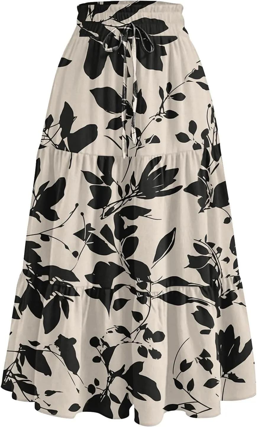Midi Boho Floral Skirts for Women Trendy Tiered A Line Skirt Comfy Flowy Drawstring High Elastic Waist Skorts with Pockets