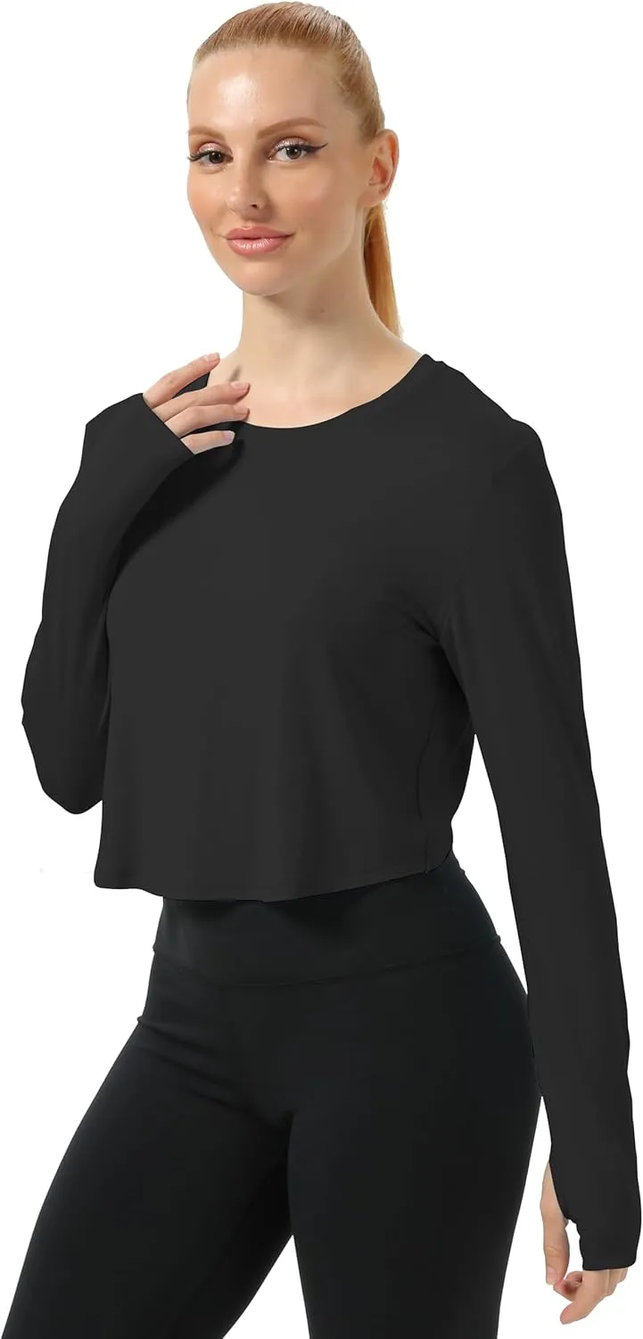Mippo Cropped Long Sleeve Tops Workout Athletic Yoga Gym Crop Tops for Women Loose Fit