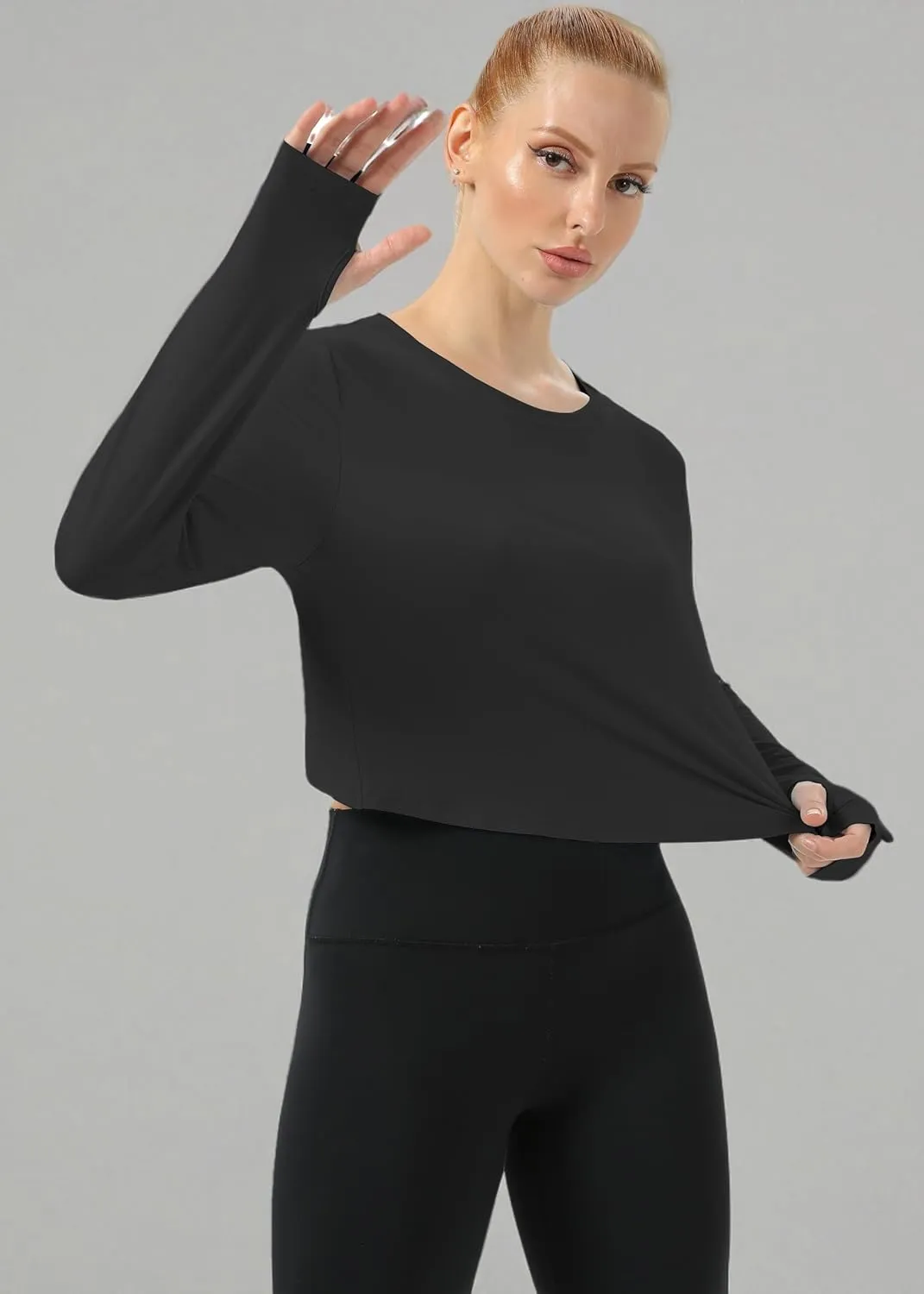 Mippo Cropped Long Sleeve Tops Workout Athletic Yoga Gym Crop Tops for Women Loose Fit