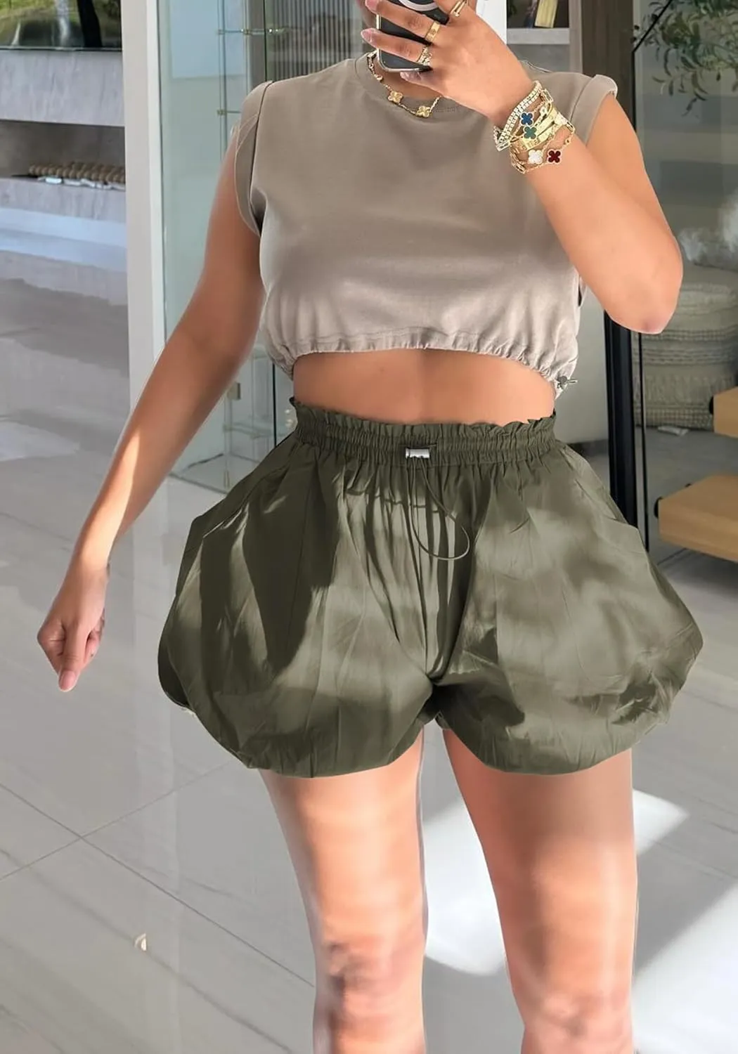 Molisry Women's 2024 Y2K Bubble Shorts High Waisted Workout Casual Puffy Drawstring Elastic Mini Shorts with Pockets