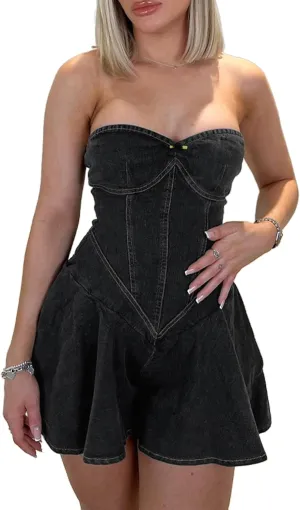 Molisry Women's Summer Tube Top Denim Dress Off Shoulder Sleeveless Sexy Cute Ruffle Pleated Jean Mini Dress Clubwear