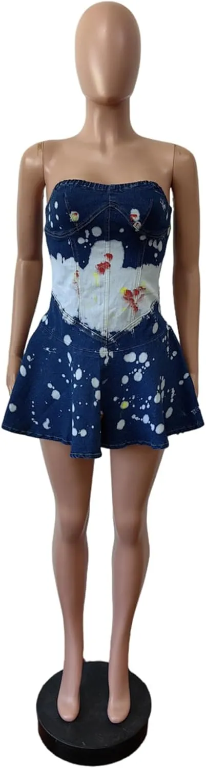 Molisry Women's Summer Tube Top Denim Dress Off Shoulder Sleeveless Sexy Cute Ruffle Pleated Jean Mini Dress Clubwear