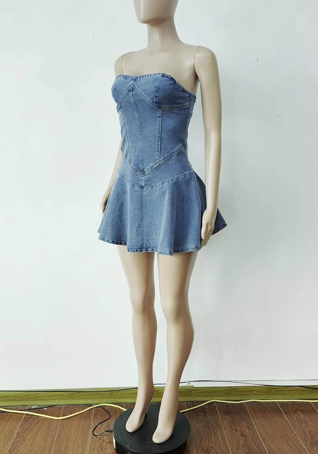 Molisry Women's Summer Tube Top Denim Dress Off Shoulder Sleeveless Sexy Cute Ruffle Pleated Jean Mini Dress Clubwear