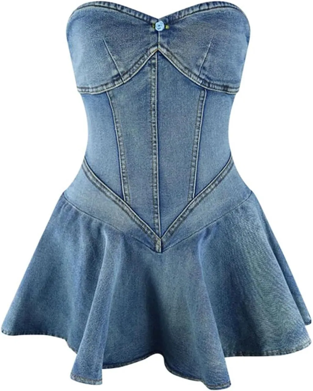 Molisry Women's Summer Tube Top Denim Dress Off Shoulder Sleeveless Sexy Cute Ruffle Pleated Jean Mini Dress Clubwear