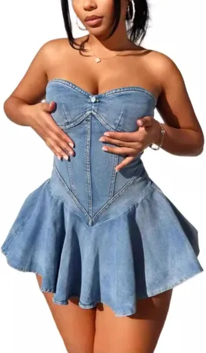 Molisry Women's Summer Tube Top Denim Dress Off Shoulder Sleeveless Sexy Cute Ruffle Pleated Jean Mini Dress Clubwear