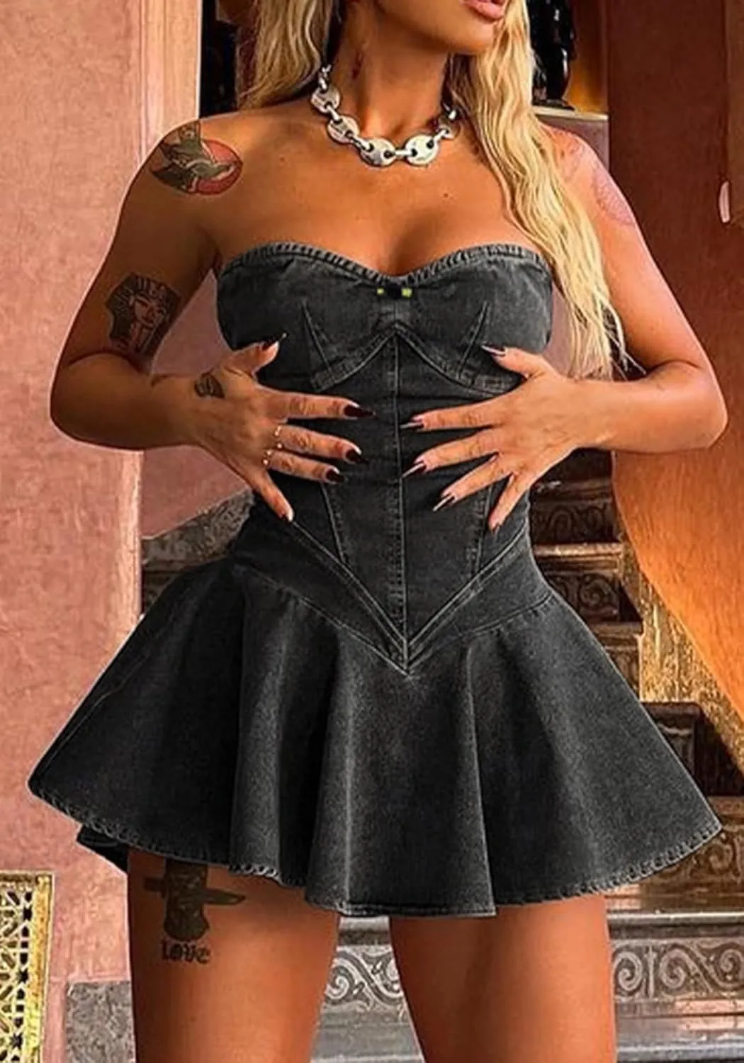 Molisry Women's Summer Tube Top Denim Dress Off Shoulder Sleeveless Sexy Cute Ruffle Pleated Jean Mini Dress Clubwear