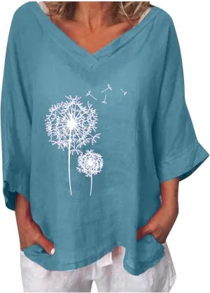 Mzkdieey Oversized Cotton Linen Tops for Women Vintage Dandelion Graphic Tee Summer Casual 3/4 Sleeve V Neck Loose Fit Blouse