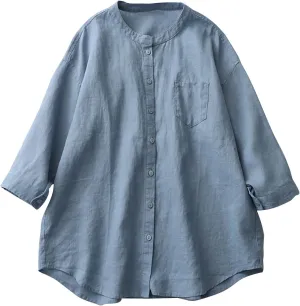 Mzkdieey Women's Casual Cotton Linen Blouses Tops V Neck Long Sleeve Button Down Shirts Summer Plain Loose Fit T-Shirt