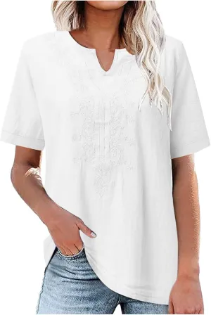 Mzkdieey Women's Embroidered Blouse Cotton Linen Short Sleeve Peasant Boho Tunic Tops Casual Notch V Neck Loose Fit T-Shirt