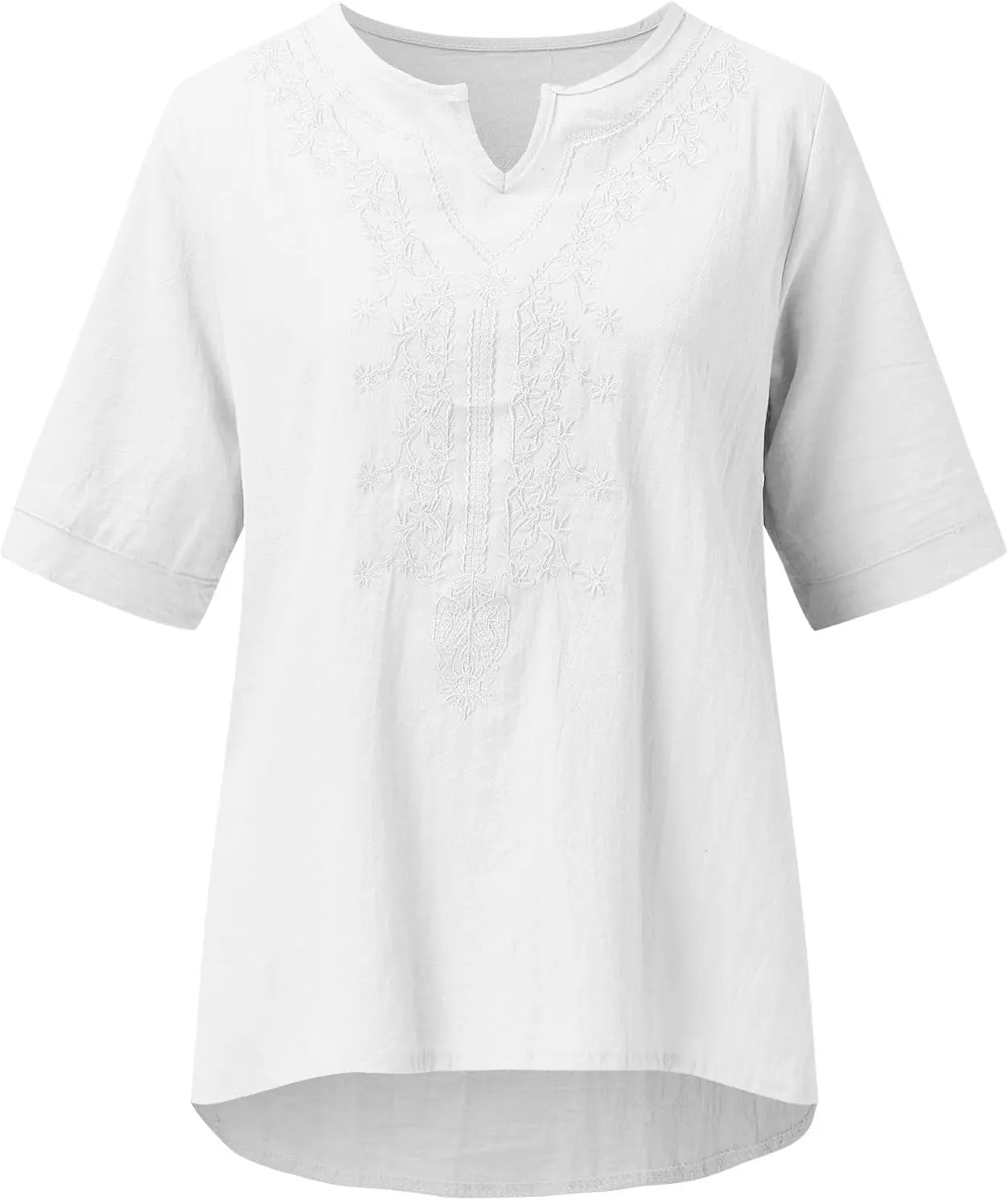 Mzkdieey Women's Embroidered Blouse Cotton Linen Short Sleeve Peasant Boho Tunic Tops Casual Notch V Neck Loose Fit T-Shirt